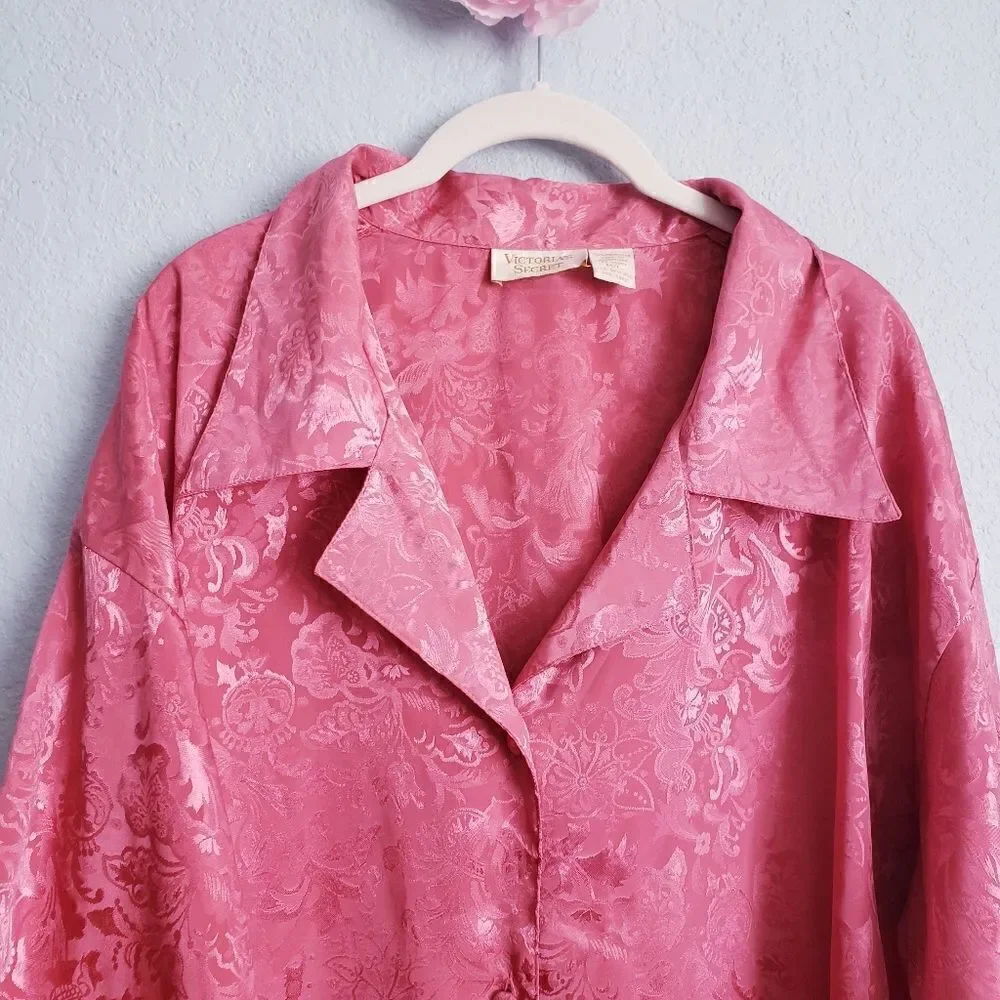 VINTAGE Gold Label Victoria's Secret Pink Satin Buttondown Sleep Shirt